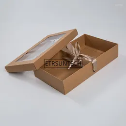 Opakowanie prezentów 200pcs/partia 27x16x6cm duże pudełko na pakiet papieru Kraft z przezroczystymi pvc Candy Favors Silk Ribbon