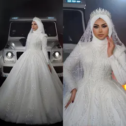 Muslim Sequins Wedding Dress High Neck Bridal Ball Gowns Custom Made Pearl Long Sleeve Shiny Vestido De Novia Arab Bride Gown