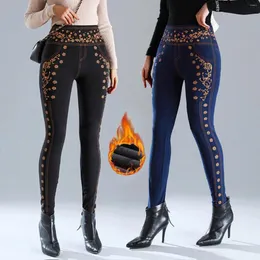 Женские джинсы, туника с талией, уличная одежда для женщин, леггинсы с высокой талией и карманами, бархатные брюки-карандаш с имитацией джинсовой ткани, универсальные утягивающие брюки