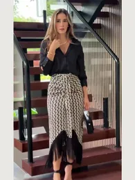 Women's Two Piece Pants Modieuze Print Gesplitste Midi Rok Voor Vrouwen Revers Kraag Overhemd Pak Office Hoge Streetwear Conjuntos Femininos