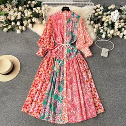 Casual Dresses Runway Designer Spring Chiffon Maxi Dress for Women Elegant Lantern Sleeve Flower Printed Sashes Long Robe Party Vestidos