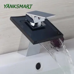 Смесители для раковины в ванной комнате YANKSMART, черное стекло, латунный смеситель с водопадным изливом, монтируемый на палубу, хромированные смесители для раковины