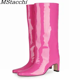 Stivali mstacchi a ginocchio stivali da donna stivali quadrati peluche di colore solido sliptipliple stivali da donna inverno donne a basso tacco scarpe in pelle bassa