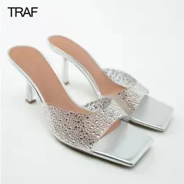 Stövlar traf kvinnors sandaler transparenta slingback sandaler med häl designer skor kvinna stilett häl highheeled sandaler