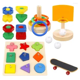 Altre forniture per uccelli Il set di giocattoli da addestramento da 5 pezzi include puzzle in blocchi di legno, anelli impilabili da basket, skateboard e bulloni