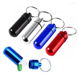 Keychains 40st Pillbox Keychain Box Waterproof Aluminium Cases Bottle Holder Container för läkemedel