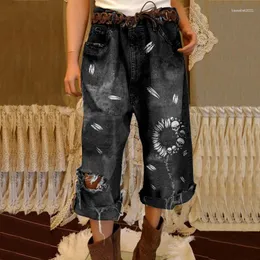 Women's Jeans Spring And Autumn High-Waisted Hole Skull Print Casual Plus-Size