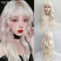 الباروكات Vicwig White Blonde Wavy Curly Wig Long Manthetic Women Cosplay Lolita Hair Natural Hair Commor