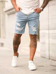 Erkekler Kot Yumuş Yırtılmış Şort Erkek Hip-Hop Denim Pantolon Elastik Açık Mavi Moda Tasarım Ultra İnce Düz Mens Şort Hombrel2404