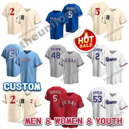 Niestandardowe mężczyźni Młodzież Młodzież Rozmiar niemowlęcia S-7xl Texas 5 Corey Seager 53 Adolis Garcia 2 Marcus Semien 48 Jacob DeGrom Baseball Jersey Rangers zszyte