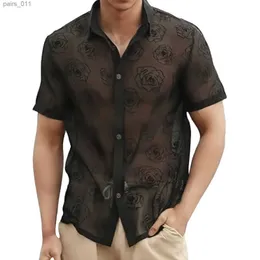 Men's Casual Shirts Men Mesh Shirt Lapel Short Sleeve Flower Sheer Sexy Shirts Streetwear Camisas Fashion Transparent Party Nightclub Shirts Tops 240402