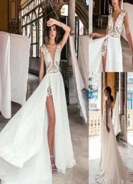 2020 New Sexy Deep V Neck Beach Wedding Dresses Side High Slit Lace Appliqued Illusion Bodice Sweep Train Bohomian Wedding Bridal 3202813