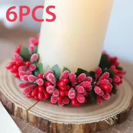 Decorative Flowers 6Pcs Christmas Candle Ring Wreath Boho Pillar Holder Greenery Farmhouse For Valentine's Day Home Decor