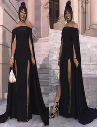 Red Carpet Black Evening Dresses Off The Shoulder Sleeves Sheath Prom Dress With Wrap Chiffon Cheap Cocktail Party Gowns7902106