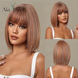 Wigs ALAN EATON Short Bob Wig with Bangs Copper Synthetic Wigs for Women Afro Brown Straight Hair Natural Cosplay Wig Heat Resistant