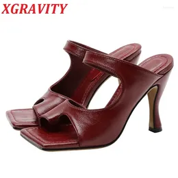 Pantofole XGRAVITY Scarpe da donna di alta qualità Punta quadrata Infradito Design Décolleté con tacco alto femminile Scarpe sexy da donna