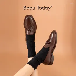 Casual Shoes BeauToday Women Loafers Fringe Brogue Genuine Calfskin Leather Waxing Round Toe Spring Autumn Lady Flats Handmade 27420