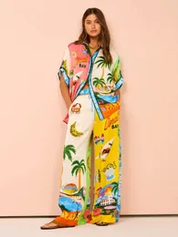 Kvinnor Holiday Casual Printed Coconut Trees Kort ärmskjorta Blus Top Loose Long Pants 2 Piece Set Summer Beach Outfits Suit 240321