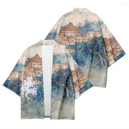 Etnik Giyim Yaz Kimono Peyzaj Yaratıcı 3D Baskı Yedi Noktalı Gömlek Çubuğu Carkalı Gevşek Erkek Tüyü Dokuma Teslimat
