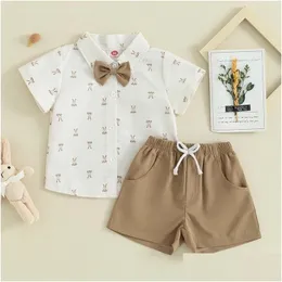 Conjuntos de roupas Bebê Menino 2 Pcs Cavalheiro Roupas Conjunto de Verão Manga Curta Impressão Bowtie Camisa Shorts Criança Roupas Drop Delivery Kids Mat Otbde