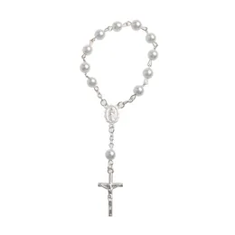 Katholische Kreuzfingerkette Mini Rosenkranz Finger Taufe Rosenkränke Faux Perlen Armband für die Taufe Bevorzugung Taufe