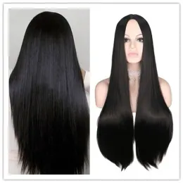 Wigs QQXCAIW Long Straight Middle Part Wigs Black Heat Resistant Synthetic Hair Wigs For Women Girls Party