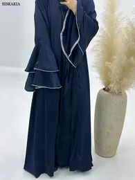 Roupas étnicas Siskakia Dubai Moda Elegante 3 Peças Vestido de Manga Longa Saia Envoltória e Kimono Aberto Jalabiyat Marroquino Turco Islâmico