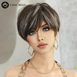 Peruki 7JHH Ombre Brown Short Bob Peruka dla kobiet Daily Party Syntetyczne wyróżnienie proste włosy peruki z puszystą grzywką Pixie Cut Parg