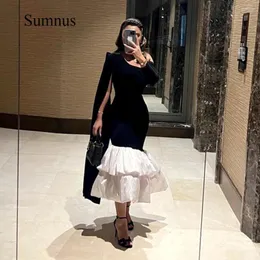 파티 드레스 Sumnus Black One Sleeve Mermaid Saudi Arabic Evening Gowns Ruched 새틴 길이 두바이 드레스 케이프 형식