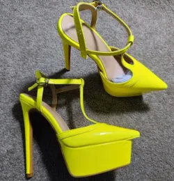 Pumpar UVRCOS 15 cm Lemon Yellow Patent Leather Pointed Toe High Heel Shoes Tstrap Platform Pumpar Women Strap Shoes