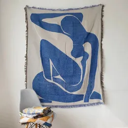 Coperta da tiro astratta giapponese per divano letto Nappe lavorate a maglia geometriche Arazzo Coperte da campeggio blu Tappetino da picnic all'aperto deken 240325