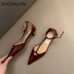 Sandals SUOJIALUN Spring Women Sandal Fashion Pointed Toe Shallow Ladies Elegant Slingback Shoes Thin Low Heel Outdoor Dress Pumps