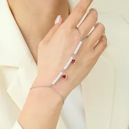 Länkarmband Qiamni Boho Tassel Simulation Pearl Heart Crystal Armband Chain for Women Hand Harness Finger Rings Justerbar armband