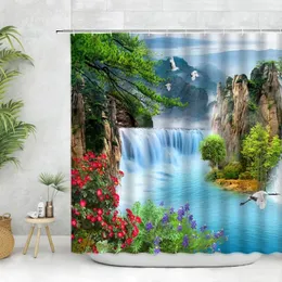 Занавески для душа Эстетический горный водный пейзаж Океан Полная луна Лесной водопад Пейзаж Растительный цветочный декор для ванной комнаты