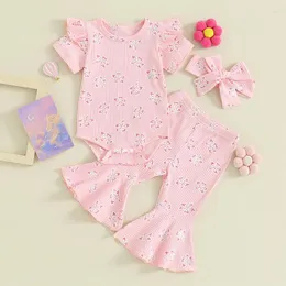 Conjuntos de roupas 2024-03-05 Lioraitiin 0-18m Baby Girl Summer Outfits Flor Imprimir Manga Curta Macacão Flare Calças Headband 3 Pcs Roupas Set