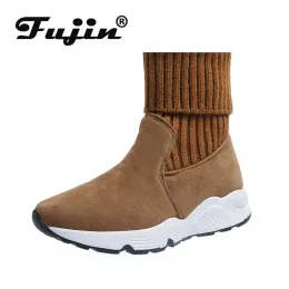 Stiefel Fujin Frauen Schneestiefel Herde Stretch Sock atmungsable Plattform Plüsch Pelzschuh Wildleder warme Schuhe Frauen Winterstiefel Schneestiefel Schneestiefel