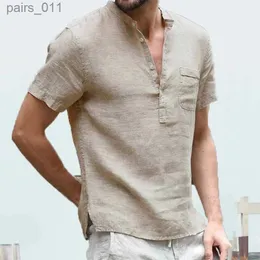 メンズカジュアルシャツメンズカジュアルヒップポップTシャツ夏のショートスリーフリネンシャツは、240402までのスタンドアップカラーの首輪ソイルド短袖シャツのシャツ
