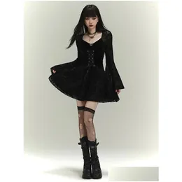 Vestidos casuais básicos goth manga longa cintura alta 2024 vintage estilo punk flocado bandage vestido mulheres flare festa alt outfit drop deliv dhkx8