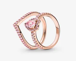 100 925 Sterling Silver Sparkling Pink Heart Wishbone Ring Set For Women Wedding Rings Fashion Jewelry Accessories8358378