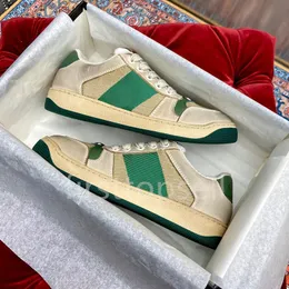 Nya par sneakers Flat Retro Dirty Sneakers Gicci Screener Shoes Classic Green Pink Rhinestone Stripe Low Top Leather Tennis Shoes Storlek 38-43 Snabb shopping