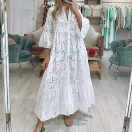 2023 Summer Casual Women Dress Solid Color Lace Embroidery VNeck Flare Sleeve Party Hollow Out Aline Hem Elegant Long Dresses 240325