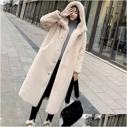 Womens Fur Faux 2023 Vinterkvinnor Högkvalitativa rockar Luxur Long Coat Löst LAPEL Överrock Tjock varm Plus Size P Drop Delivery Appare DhDre