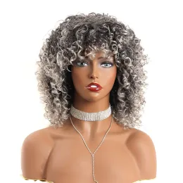 Perucas fofas e onduladas sintéticas afro cacheadas peruca com franja perucas cacheadas para mulheres negras ombre perucas cinza para desgaste diário