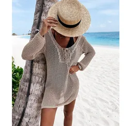 Crochet Beach Cover Up Sexy Bikinis Coverups Hollow Out White Tunic Mini Mini Dress Dress Women Beachwear Swim Suit 240402