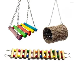 Altre forniture per uccelli 3 pezzi Budgie Toys Set Gabbia Amaca Altalena Colorata Scala in legno Nido per tessitura di paglia per pappagalli Cockatiels