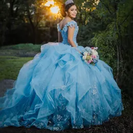 Sky Blue Princess Sage Green Quinceanera Dress Ball Gown Lace Applique Beading Tiered Tull Corset Sweet 16 Vestido 15 De Anos