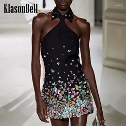 Casual Dresses 3.11 KlasonBell Women 2024 Sexy Backless Lapel Collar Halter Mini Dress Hand Beading Sequins Flower Party Evening