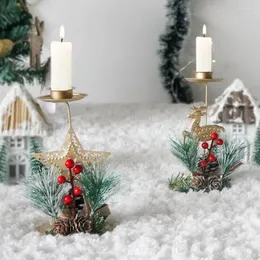 Titulares de vela floco de neve ouro castiçal estrela ferro forjado natal oranments artificial cereja pinha elk titular casamento