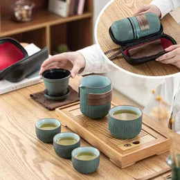 TeAware Setleri Seramik Kuai Ke Kupa Seyahat Çay Seti Açık Mekan Taşınabilir Basit 1 PCS Teapot 4pcs