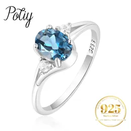 Potiy äkta naturliga ovala London Blue Topaz 925 Sterling Silver Solitaire Ring for Woman Fashion Gemstone Fine Jewelry Wedding 240402